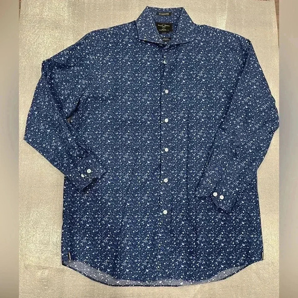 [16.5/41]Black  Brown 80s 2-Ply Fitted Non Iron Blue Floral Dress Shirt - Picture 1 of 7